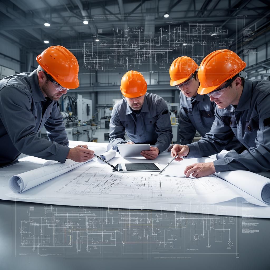 Engineering team reviewing single-line diagrams on a project desk