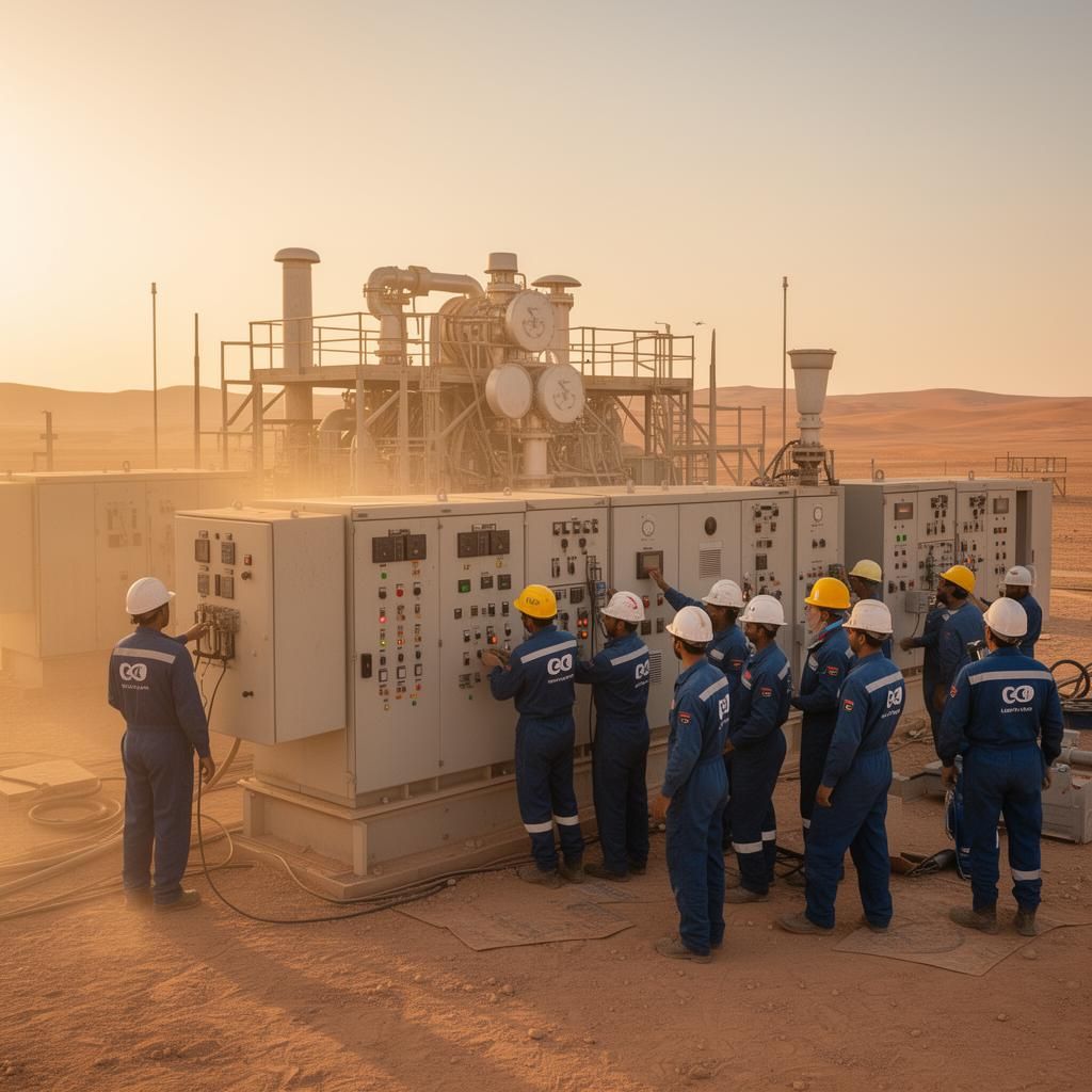 Field crew commissioning switchgear at a desert facility at golden hour